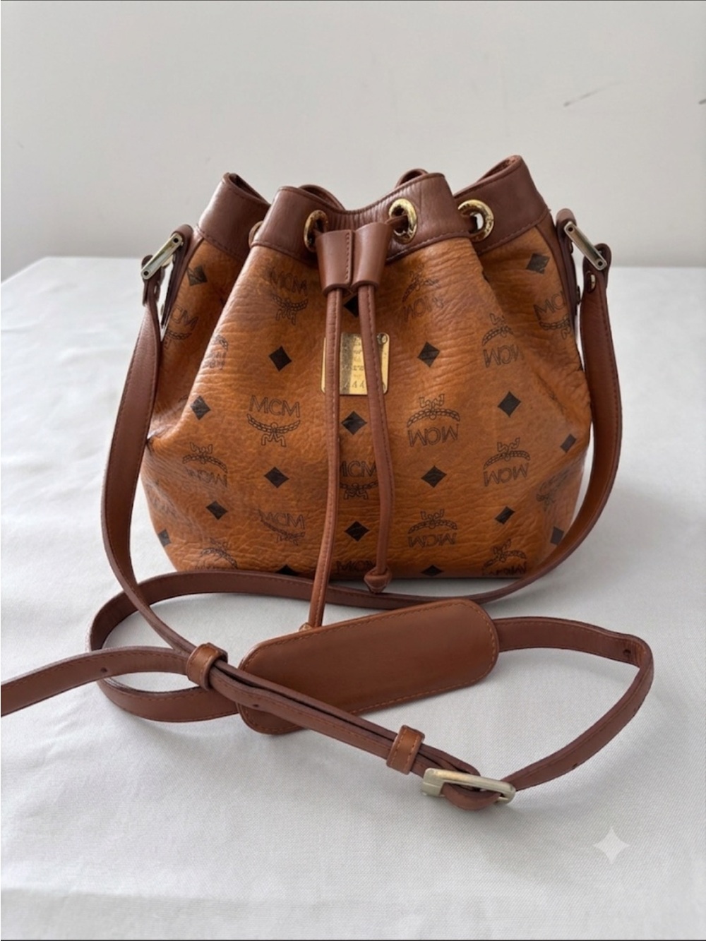 Vintage MCM München Visetos Monogram Leather Drawstring Bucket Bag Crossbody